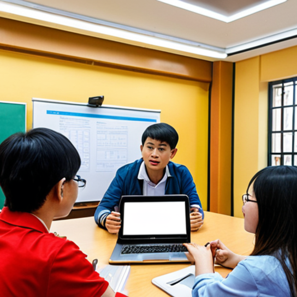 **

"Students actively participating in a university forum, discussing ideas with faculty and staff. Depict a modern university setting in Vietnam, with diverse students engaging in open communication. The atmosphere should be collaborative and positive. Include laptops and tablets, symbolizing the use of technology in discussions."

**