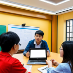 **

"Students actively participating in a university forum, discussing ideas with faculty and staff. Depict a modern university setting in Vietnam, with diverse students engaging in open communication. The atmosphere should be collaborative and positive. Include laptops and tablets, symbolizing the use of technology in discussions."

**