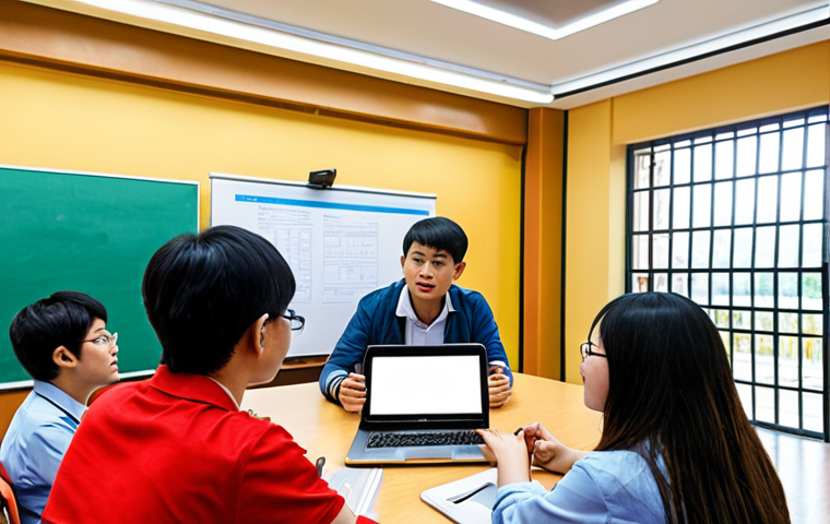 **
"Students actively participating in a university forum, discussing ideas with faculty and staff. Depict a modern university setting in Vietnam, with diverse students engaging in open communication. The atmosphere should be collaborative and positive. Include laptops and tablets, symbolizing the use of technology in discussions."
**