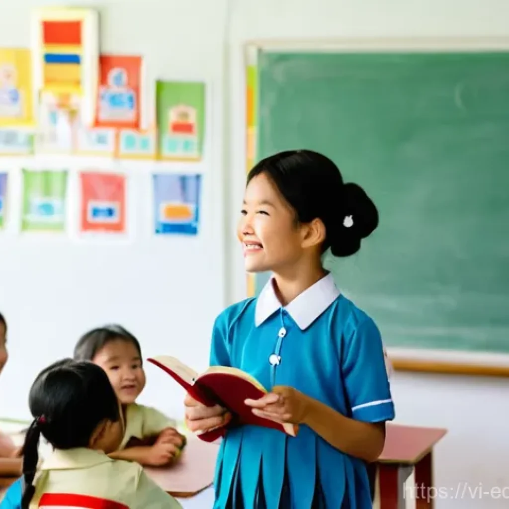 학교 가정 파트너십의 중요성 - **A Vietnamese parent engaging with their child and teacher in a primary school.**
* **Prompt:...