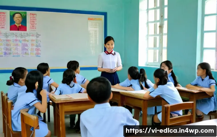 학생 참여를 위한 파트너십 전략 - A warm and inviting classroom scene in a Vietnamese school setting where a young female teacher atte...