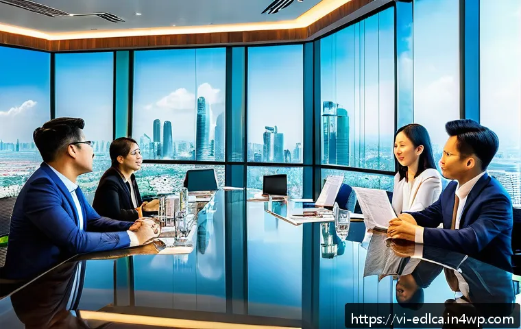다양한 이해관계자와의 협력 전략 - A modern Vietnamese business meeting room with diverse professionals collaborating around a large ta...