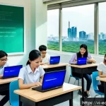 Home 22 기업과 교육 기관의 성공적인 협력 모델 - A vibrant modern Vietnamese university classroom scene showing diverse students actively engaged in ...