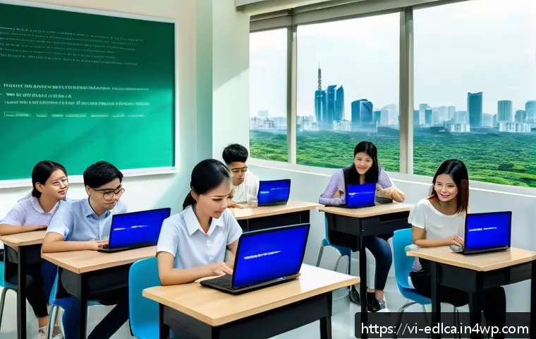 기업과 교육 기관의 성공적인 협력 모델 - A vibrant modern Vietnamese university classroom scene showing diverse students actively engaged in ...